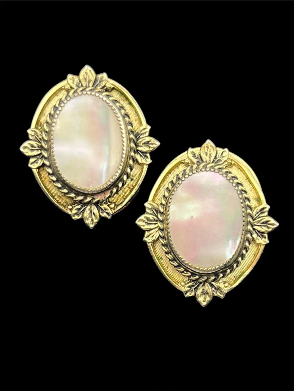Whiting & Davis 1950’s Victorian Revival Gold tone mother of pearl clip earrings